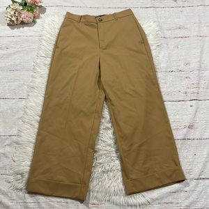 Zara Khaki Tan High Waisted Wide Leg Cuffed Trousers